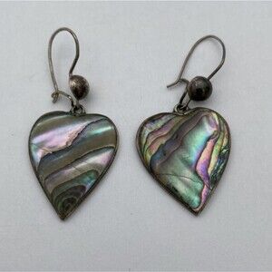 Beautiful Vintage Abalone Heart Earrings - Stamped MEXICO - Sterling Silver